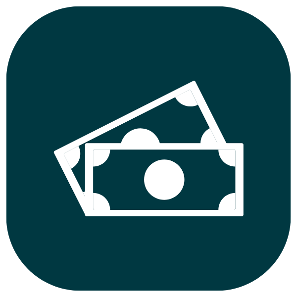 Icon of two white paper bills overlapping on a dark teal rounded square background.