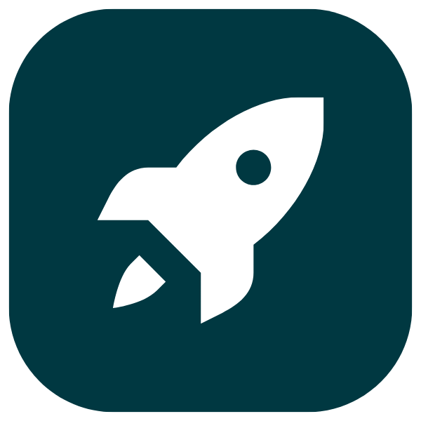 White rocket icon on dark teal rounded square background.