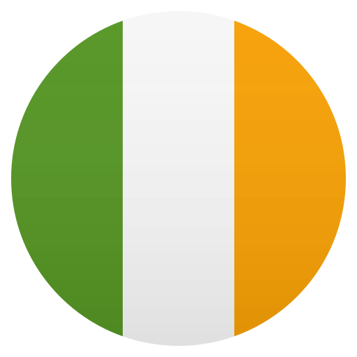 Circular icon of the Ireland flag with vertical green, white, and orange stripes.