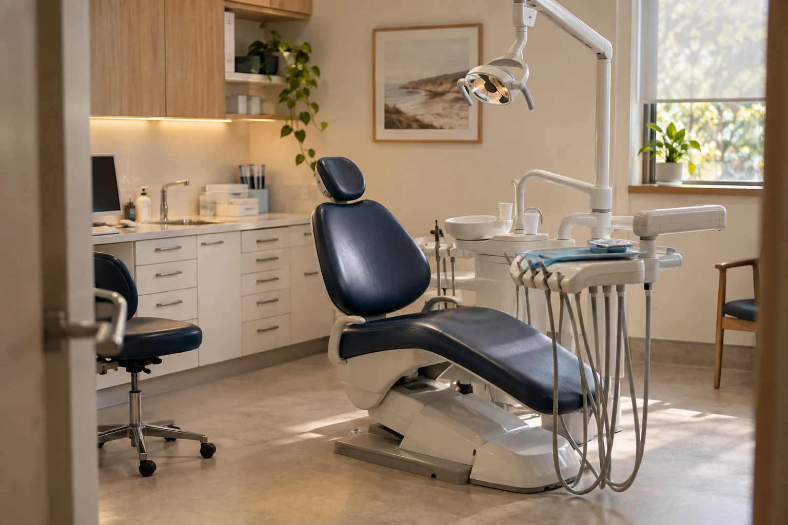 Illustrative dental surgery with a navy treatment chair and soft daylight.