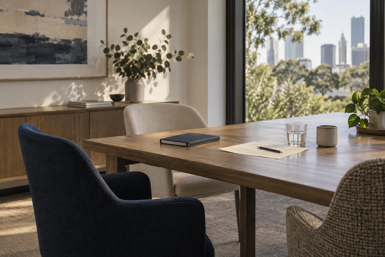 Illustrative consulting meeting room with a timber table, dark notebook and natural light.