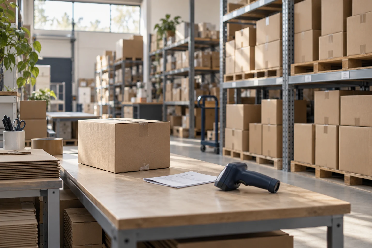 Illustrative wholesale packing bench with plain cartons, shelving and a handheld scanner.