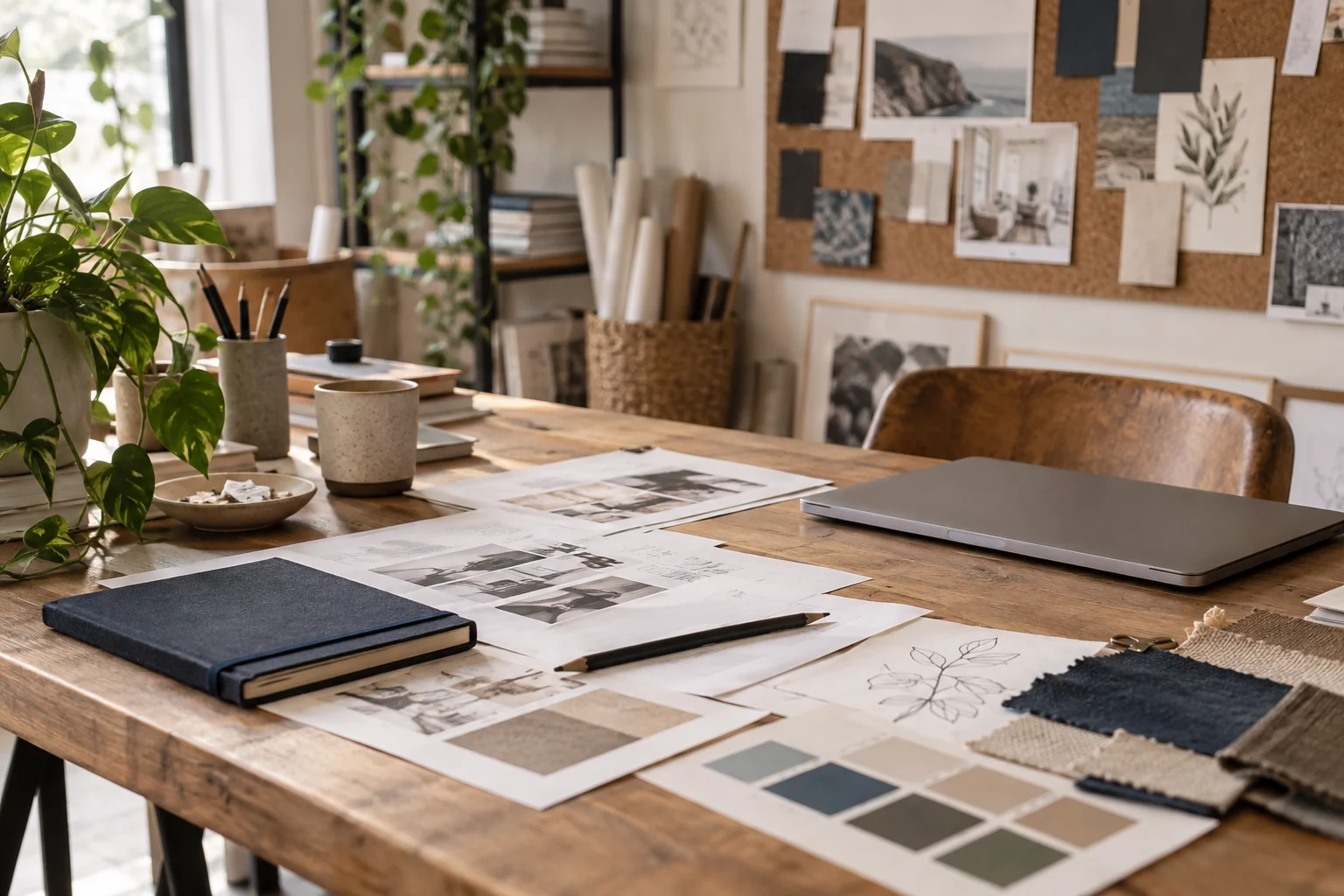 Illustrative creative agency desk with layout proofs, muted swatches and a navy notebook.