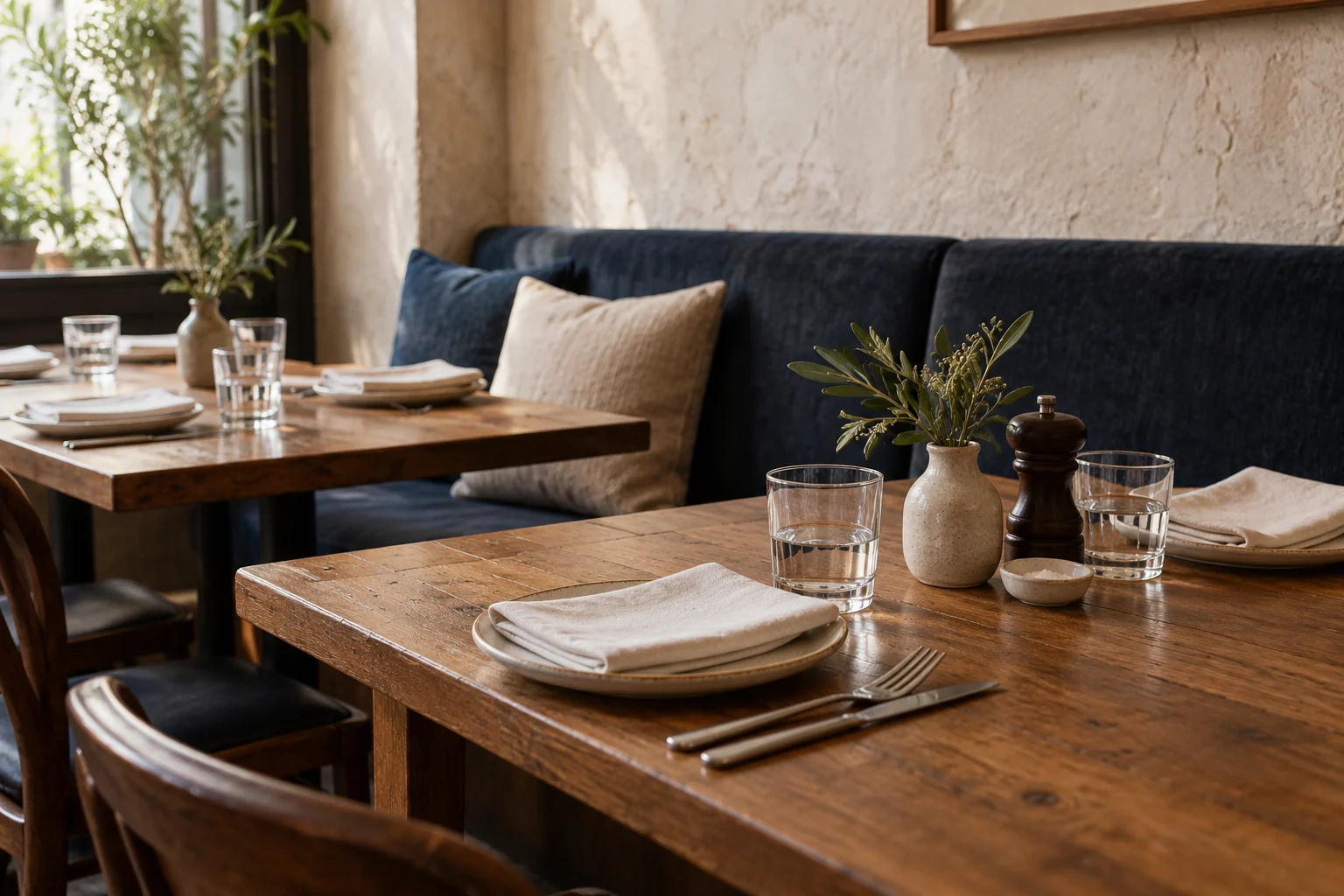 Illustrative neighbourhood restaurant with timber tables, cream linen and a navy banquette.