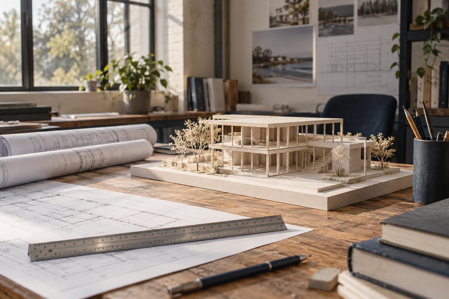 Illustrative engineering workbench with a building model, drawings and a scale ruler.