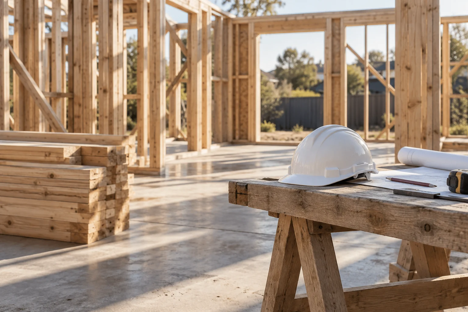 Illustrative residential building site with timber framing and a white hard hat on a workbench.