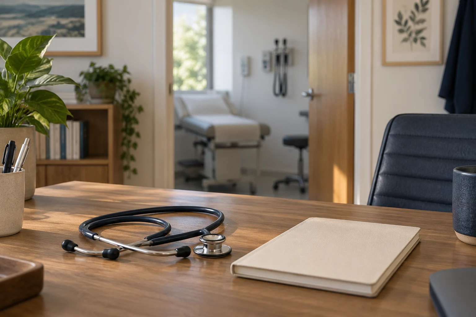 Illustrative medical consultation room with a stethoscope and cream notebook on a timber desk.