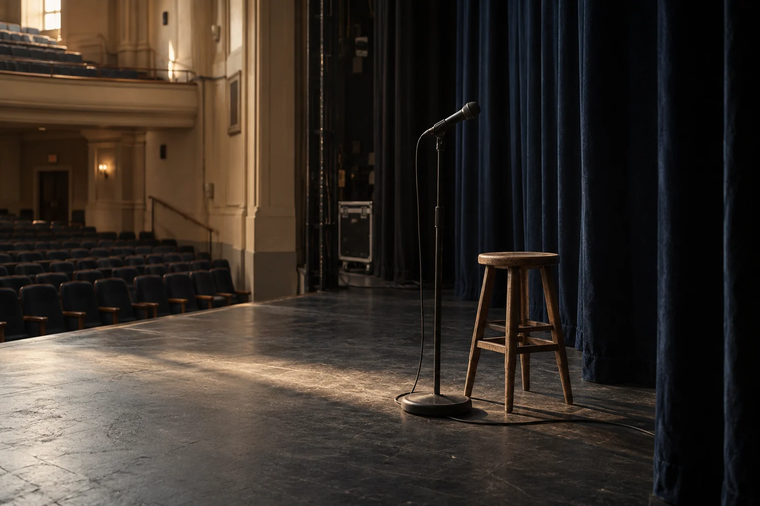 Illustrative quiet theatre stage with a microphone, wooden stool and dark curtain.