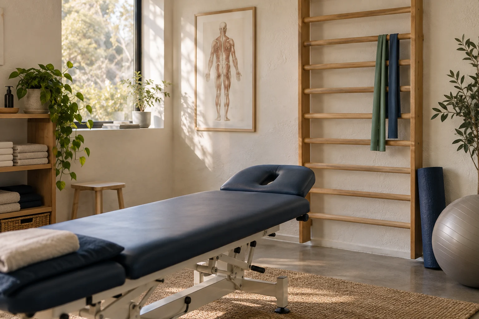 Illustrative physiotherapy room with a navy treatment table, wooden exercise bars and soft daylight.