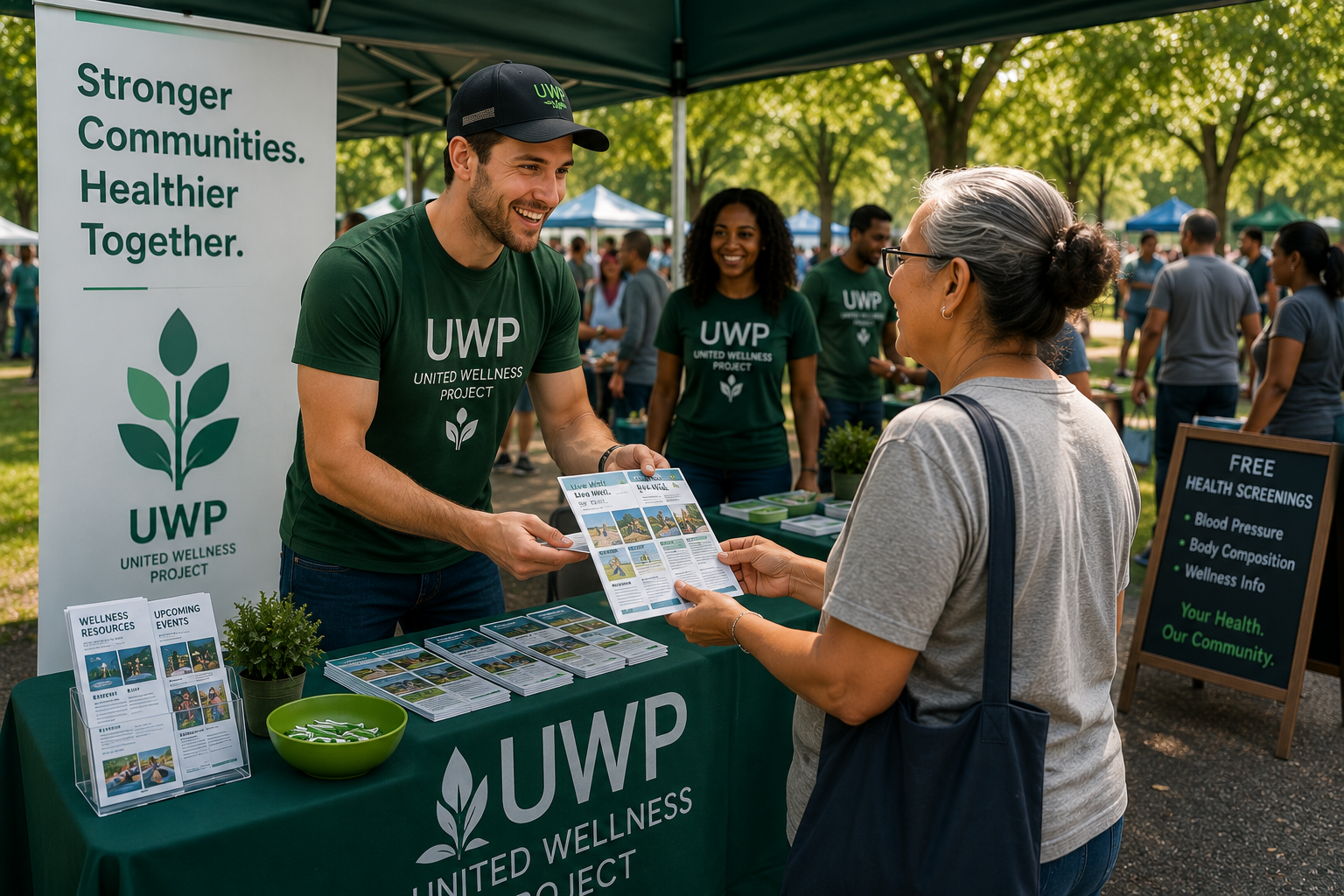 Volunteers and community members gathering at a wellness event