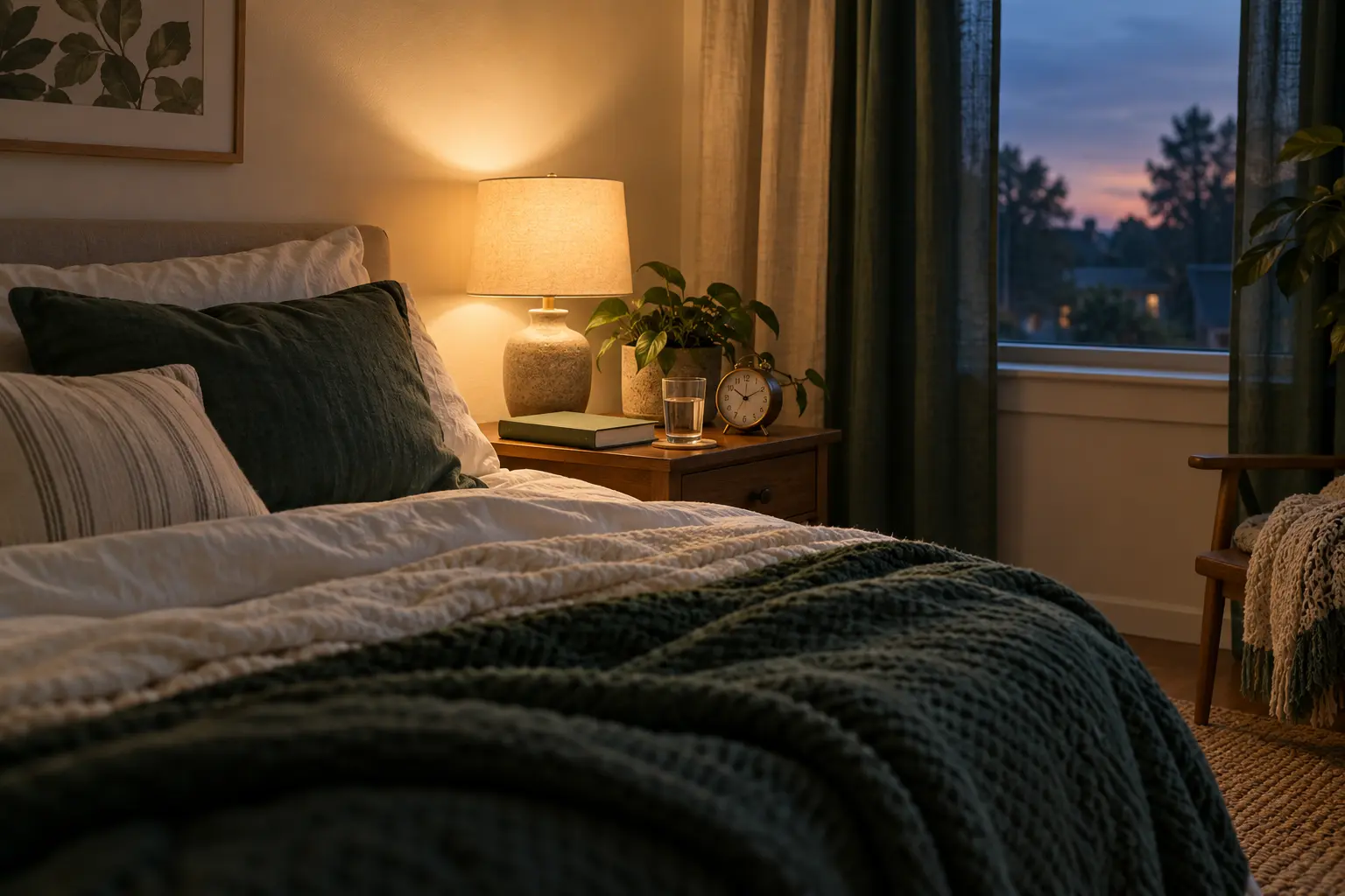 Calm bedroom at dusk with a warm lamp, closed book, water, and an analog clock