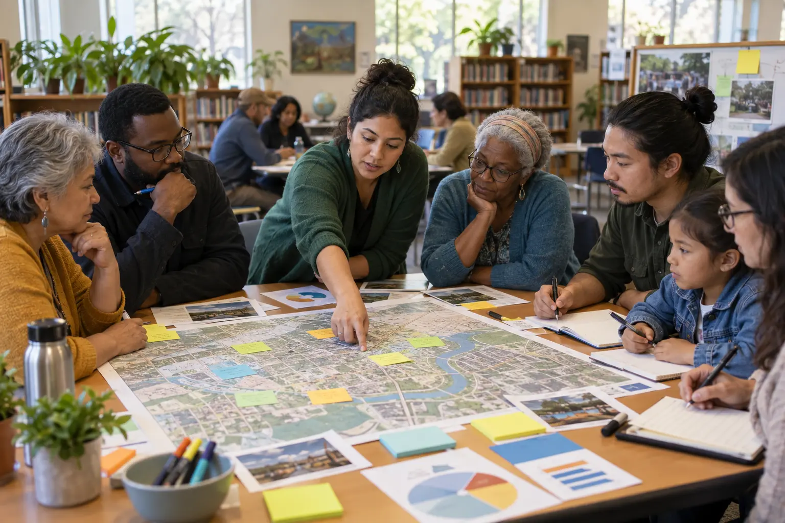 Intergenerational community group reviewing a neighborhood map and planning notes around a library table