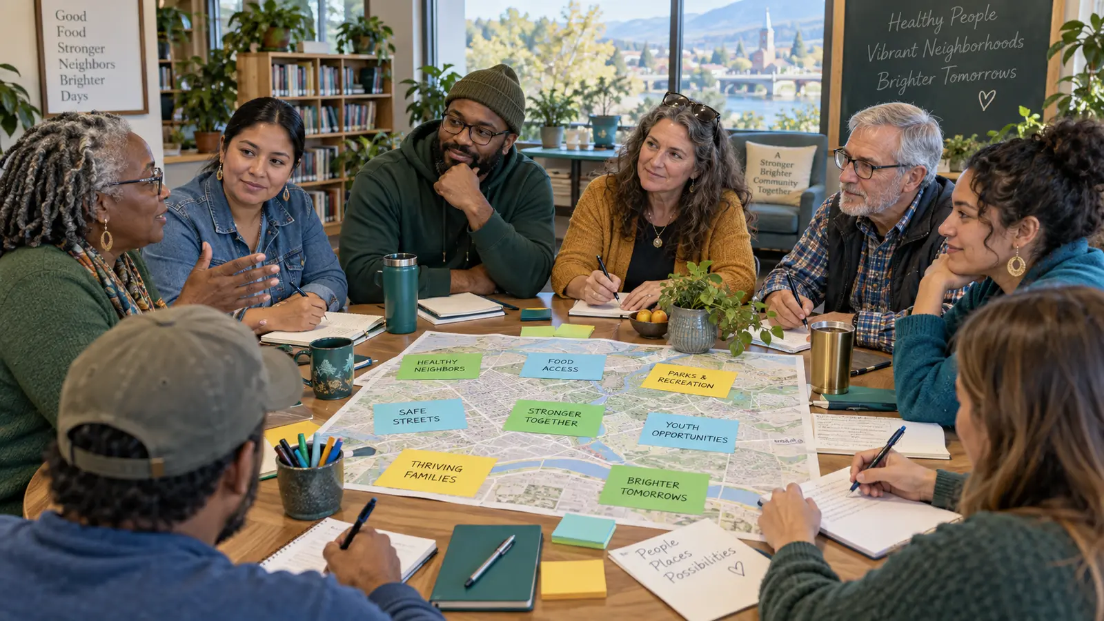 Diverse nonprofit and neighborhood representatives planning community wellness partnerships around a shared map
