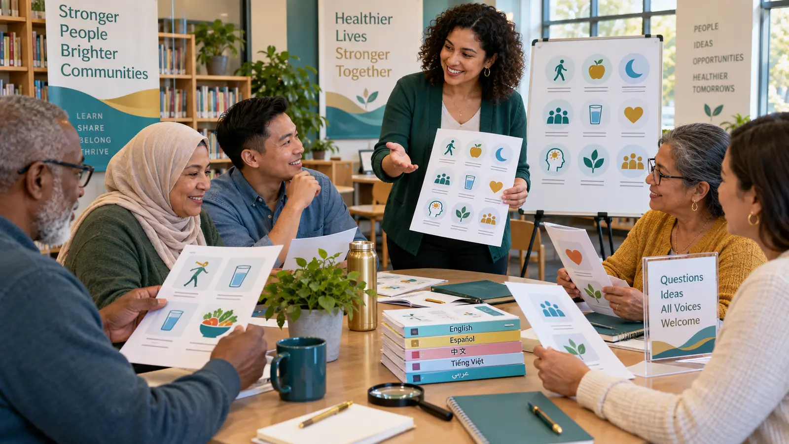 Community educator discussing illustrated multilingual wellness materials with adults in a public library