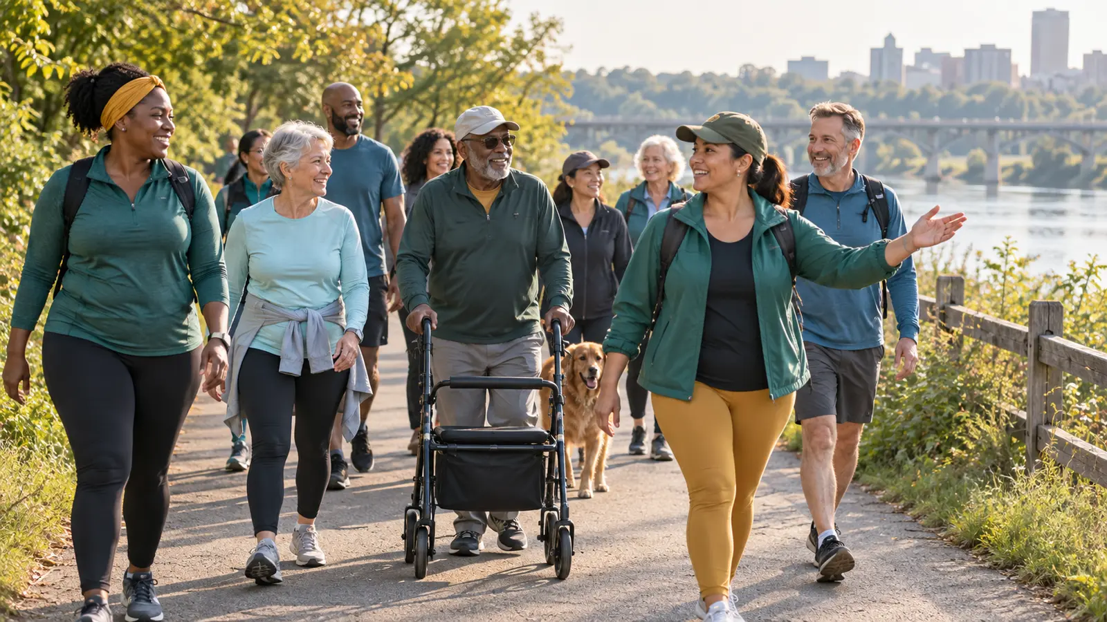 Diverse multigenerational community walking together on a wide accessible paved greenway