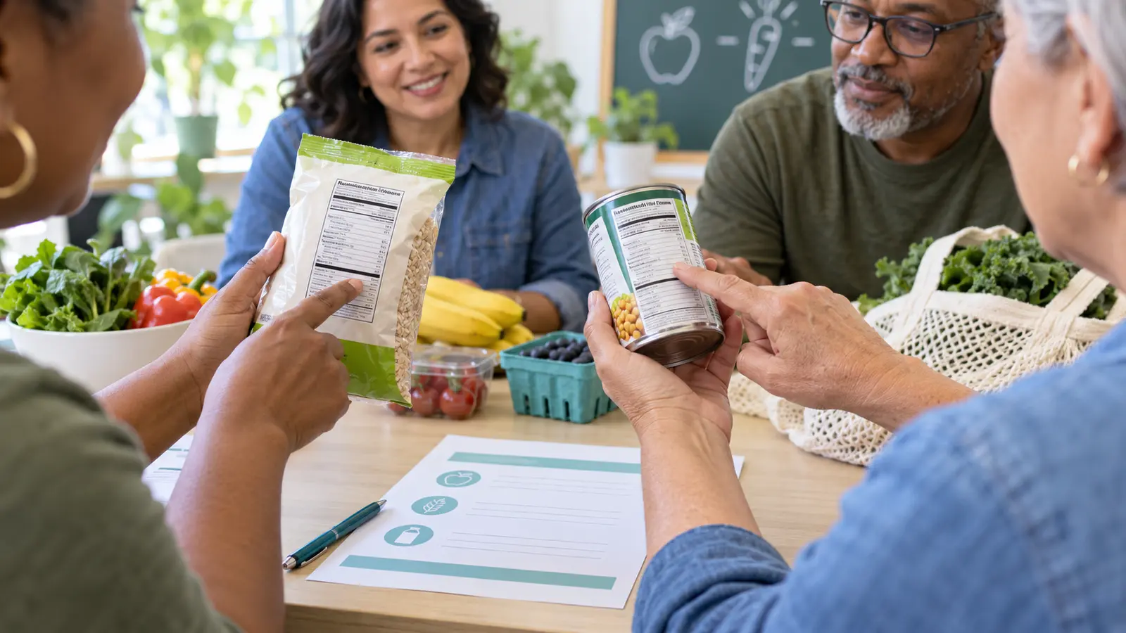 Adults at a community workshop comparing Nutrition Facts labels on two food packages