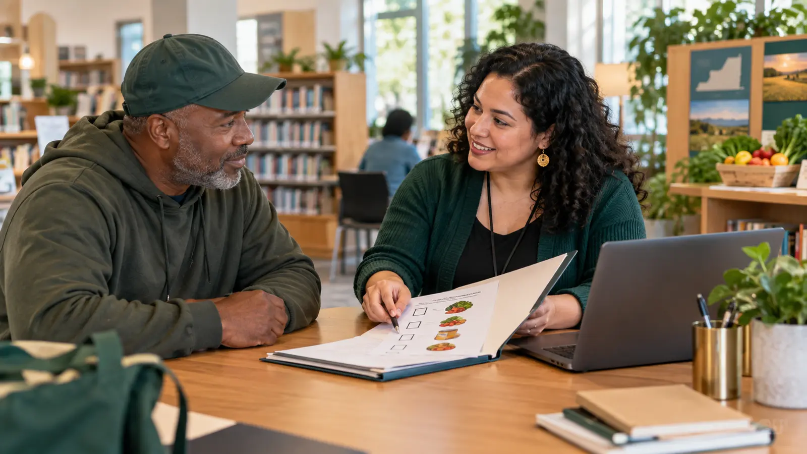 A community resource navigator helping a Virginia resident review food assistance options