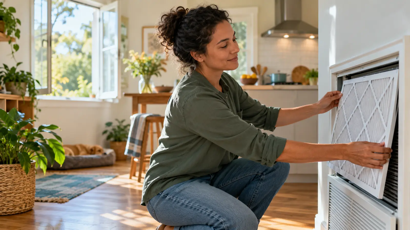 A resident replacing a home air filter beside an open window and ventilated kitchen