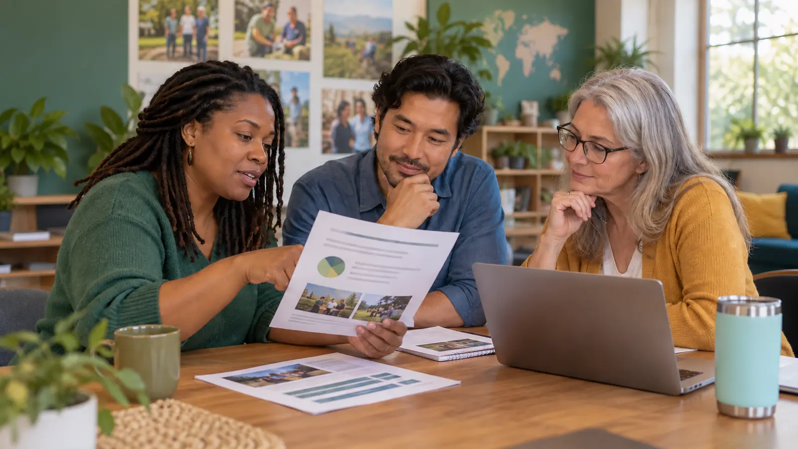 Three community members reviewing nonprofit information together before making a donation