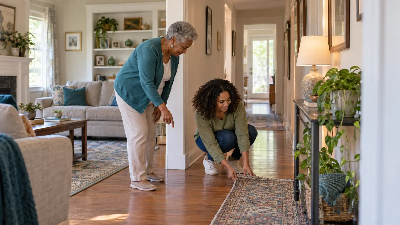 Older adult and family member checking a loose rug and clear walking path during a home fall-prevention review