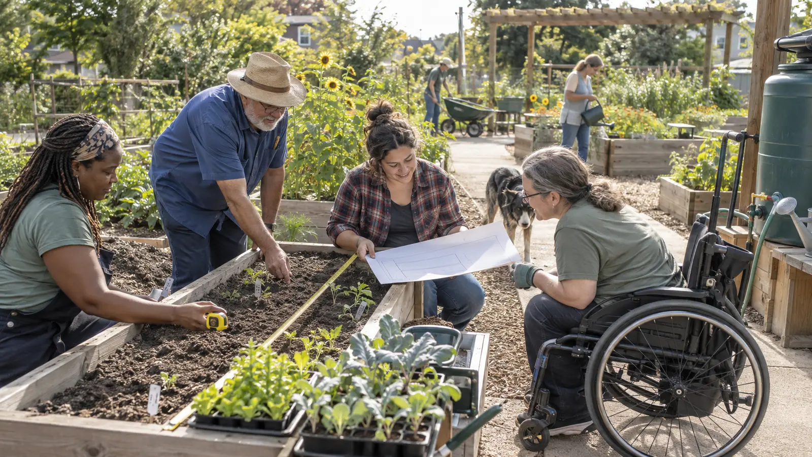 Neighbors planning an accessible community garden with raised beds, wide paths, seedlings, and a site sketch