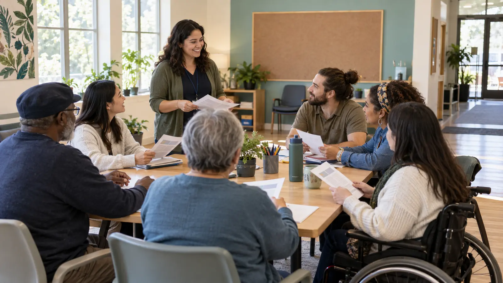 Diverse volunteers taking part in an accessible nonprofit orientation around a community-room table