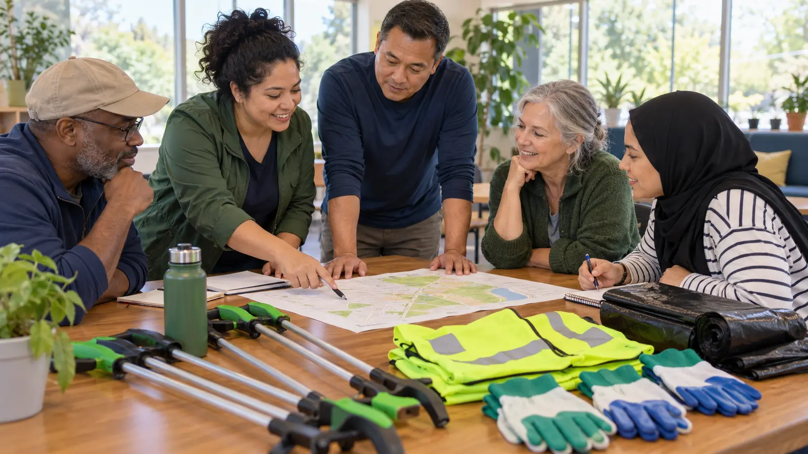 Neighbors planning a community cleanup with a route map, gloves, safety vests, bags, and litter grabbers