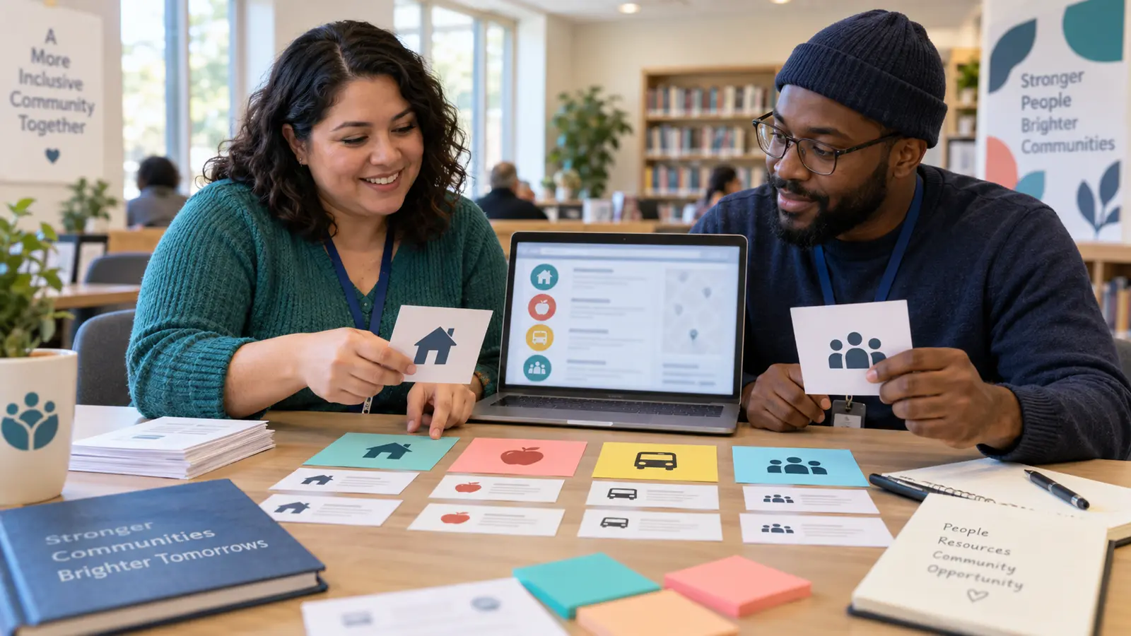 Community outreach volunteers organizing service categories for an accessible resource guide