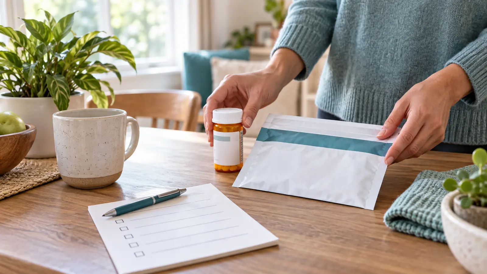 Adult preparing an unused medication bottle and sealed take-back envelope for safe disposal