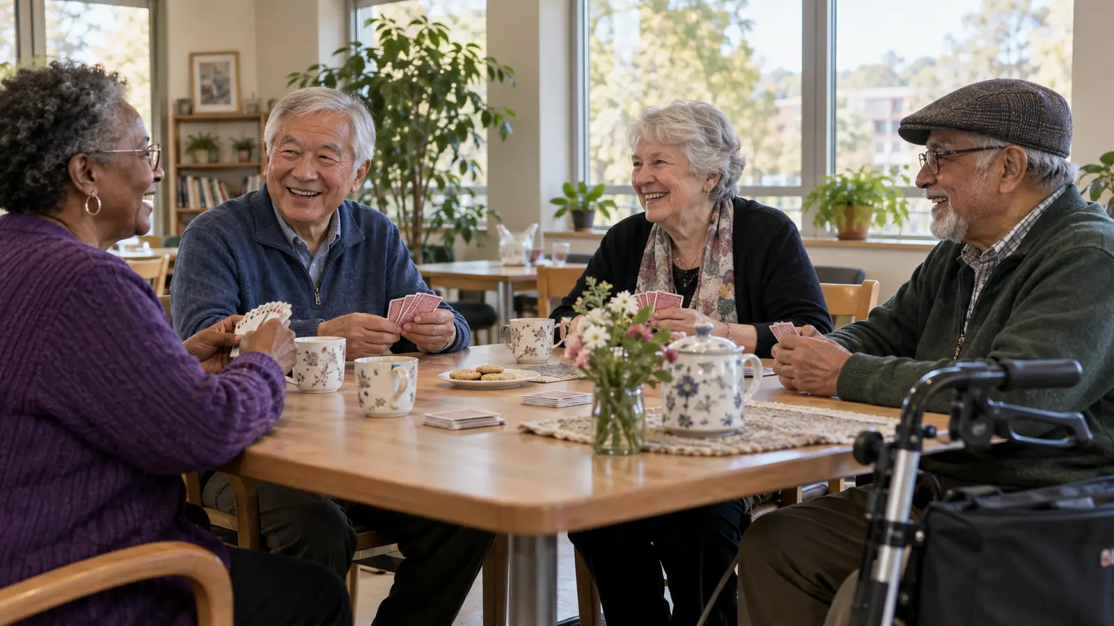 A diverse group of older adults sharing conversation and a card game in an accessible community room