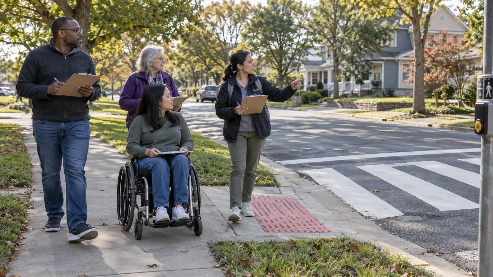 Neighbors conducting an accessible pedestrian-safety walk audit near a marked crosswalk and curb ramp