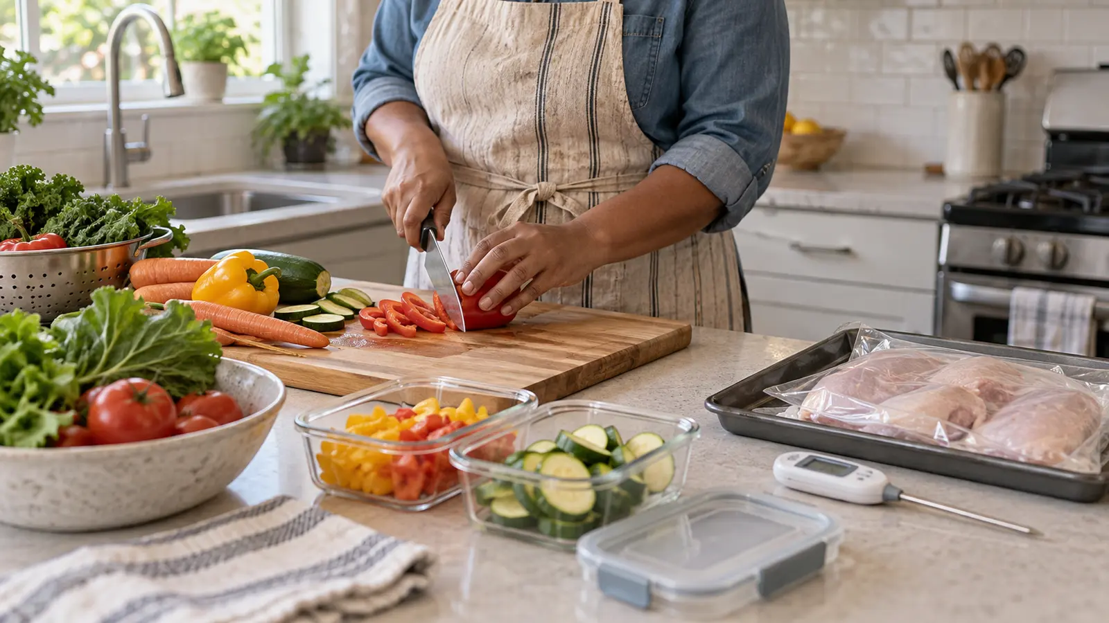 Home cook preparing vegetables while raw poultry stays sealed and separate beside a food thermometer