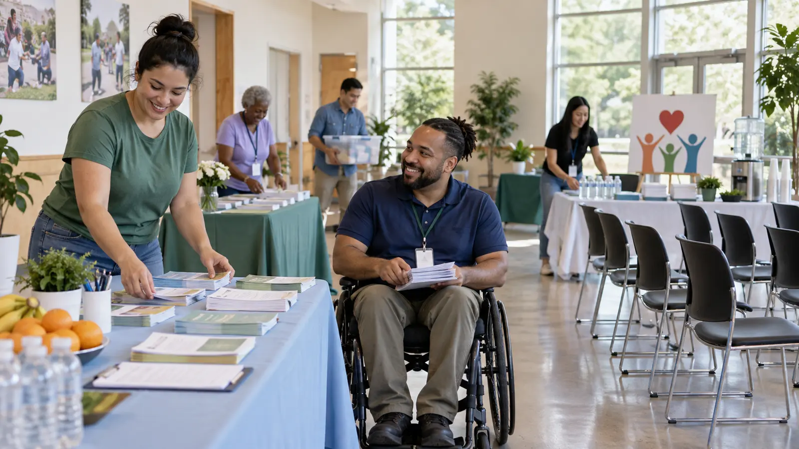 Community volunteers arranging accessible information tables and seating for a wellness fair