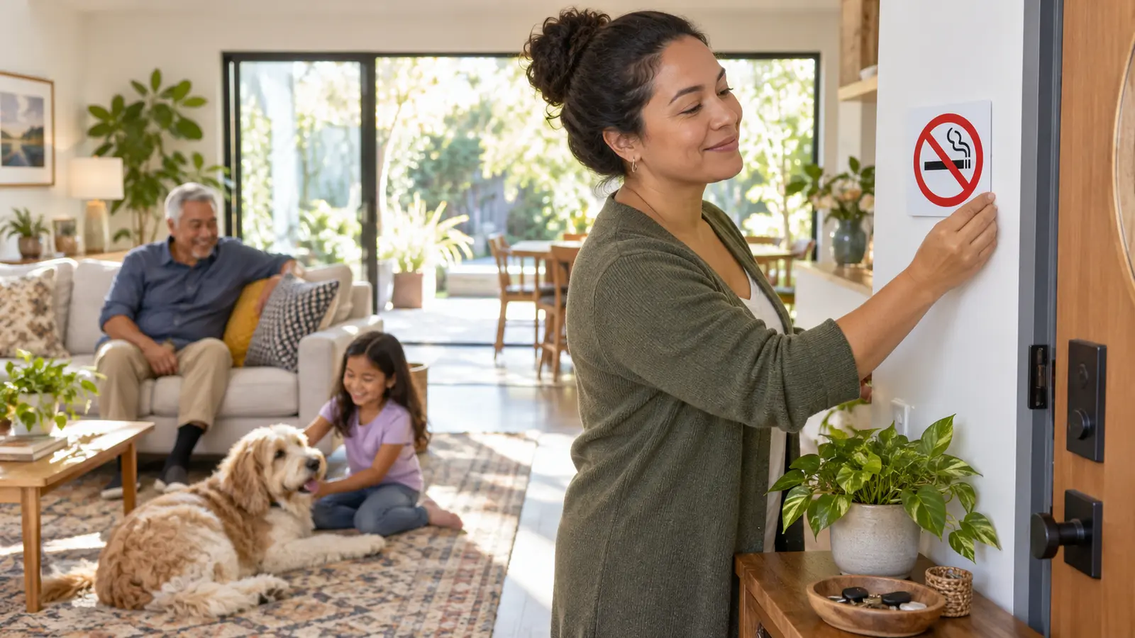 Adult placing a no-smoking reminder by the entry of a bright family living room