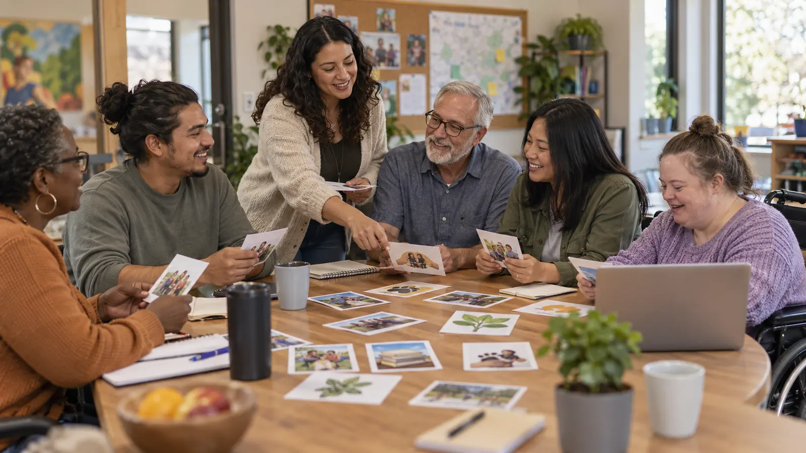 Diverse adults matching interests and schedules to nonprofit volunteer role cards