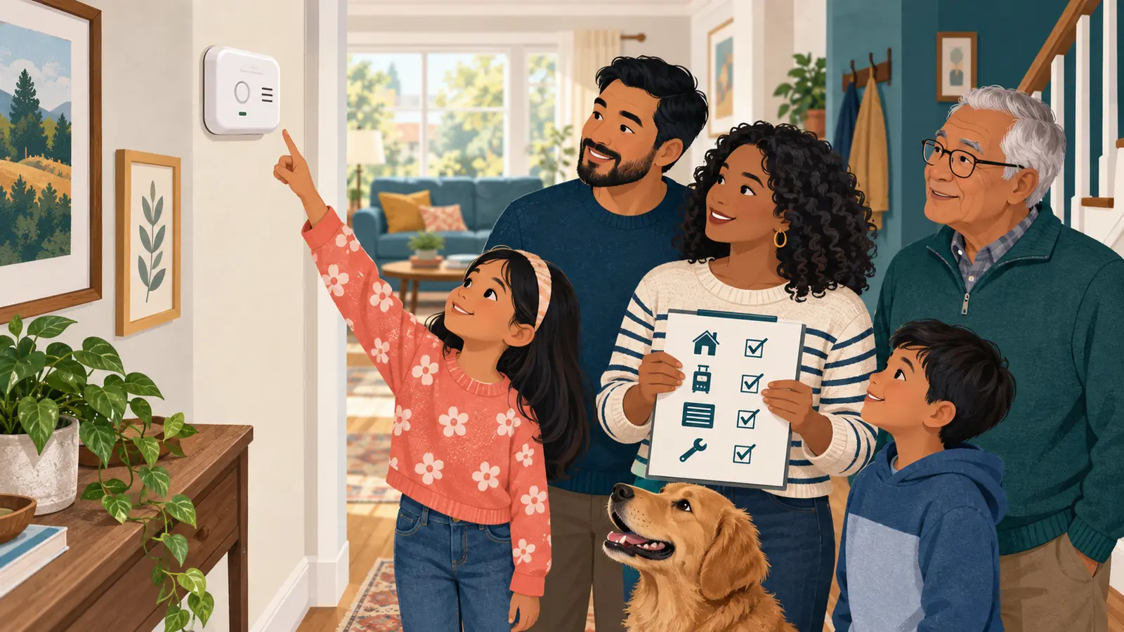 Multigenerational family checking a carbon monoxide alarm and home safety checklist