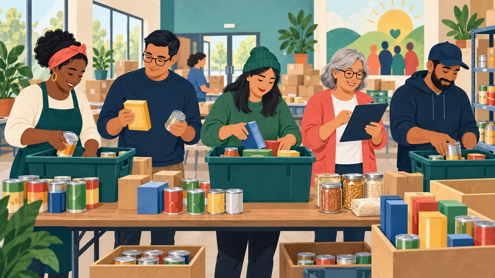 Community volunteers sorting sealed shelf-stable foods for an organized donation drive