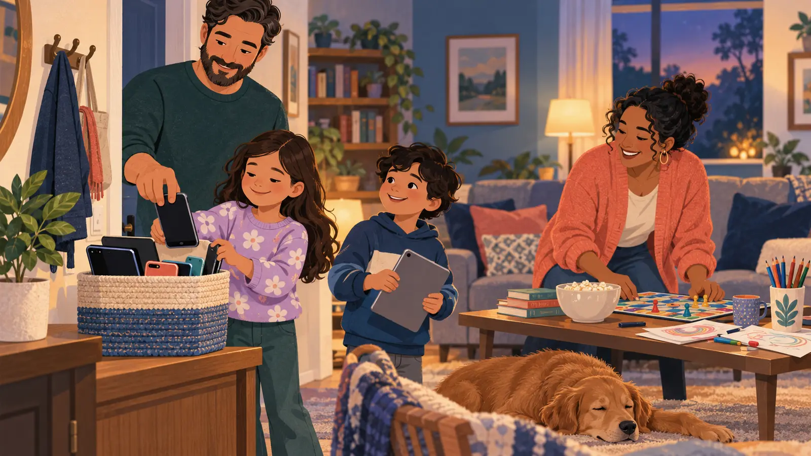 Family placing phones and tablets in a basket before a shared screen-free activity