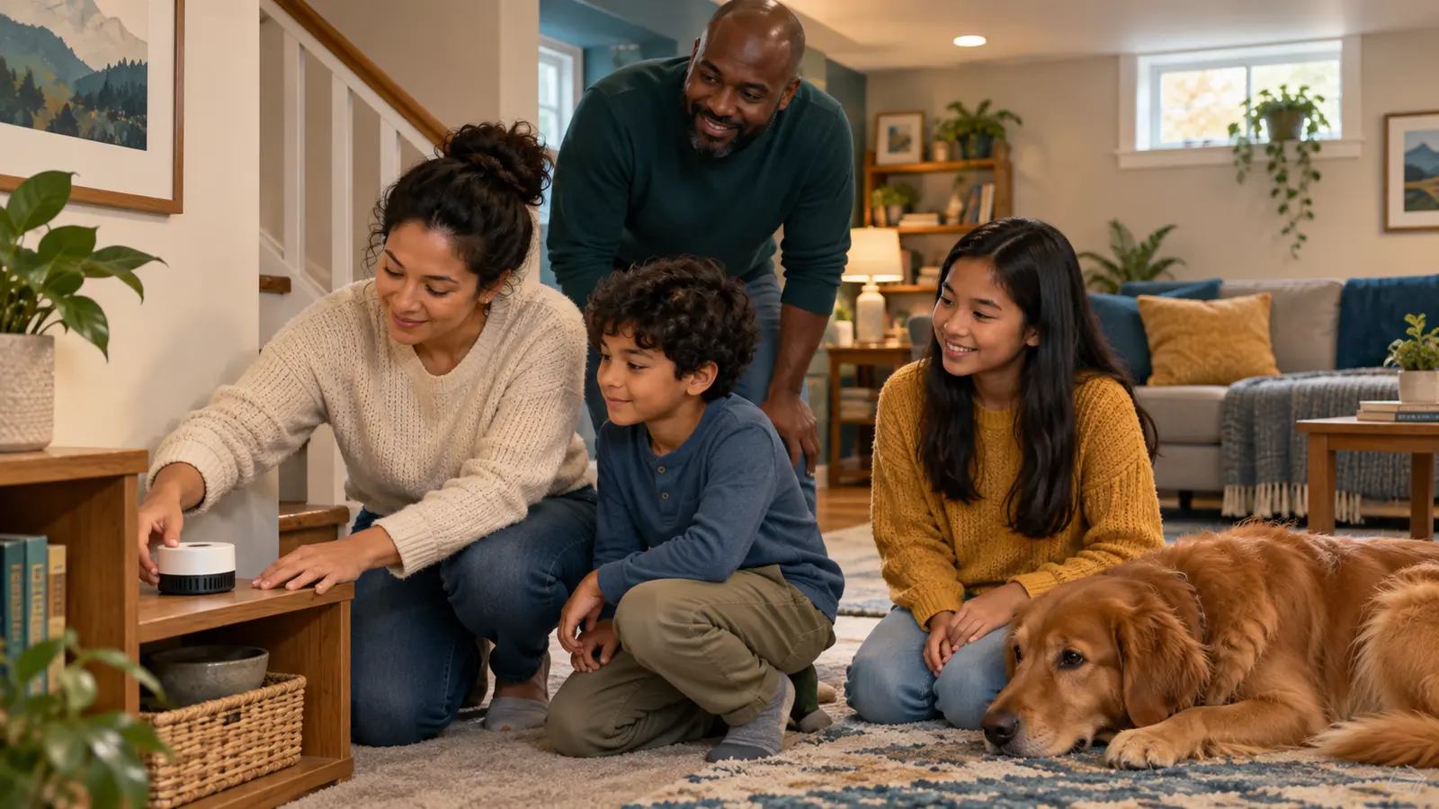 Family placing a radon test device in the lowest lived-in level of their home