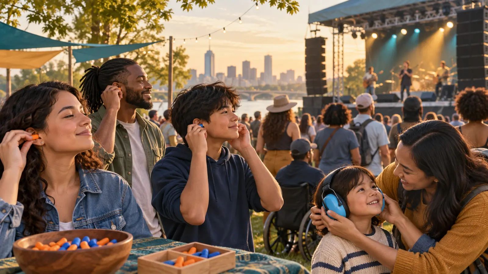 People using earplugs and earmuffs at an outdoor community music event
