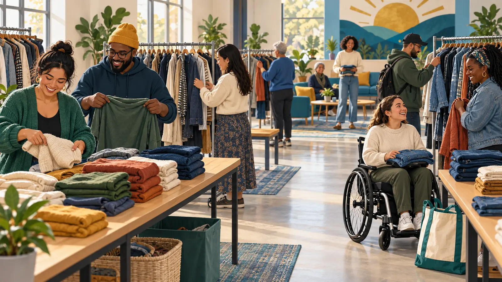 Neighbors sorting clean clothing in an accessible community swap with wide aisles and seating