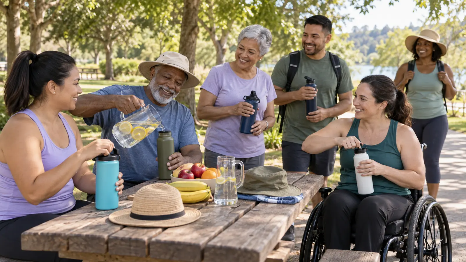 Adults of different ages, including a wheelchair user, taking a shaded hydration break with water and fruit