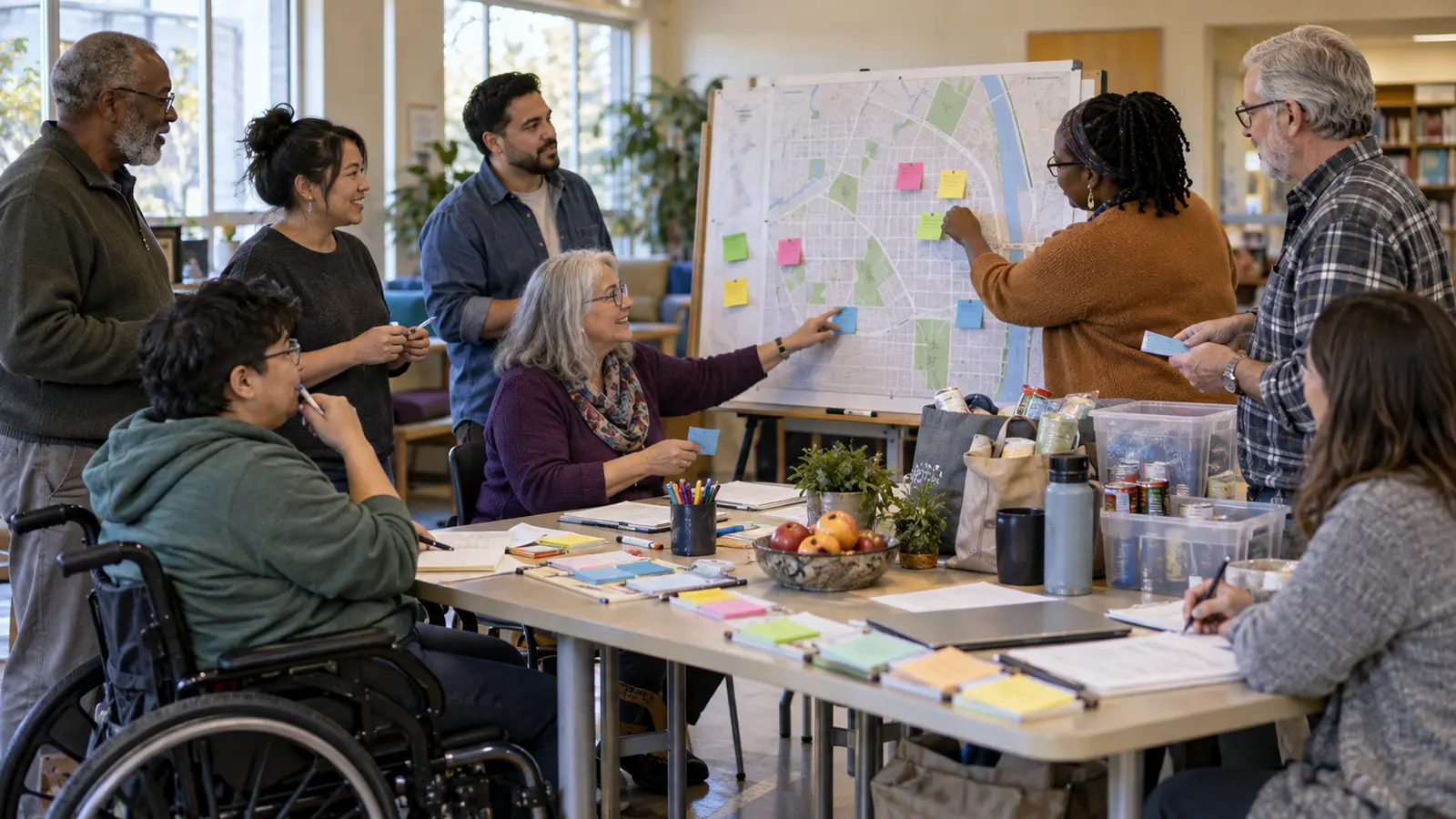 Multigenerational neighbors, including a wheelchair user, planning mutual aid around a community table