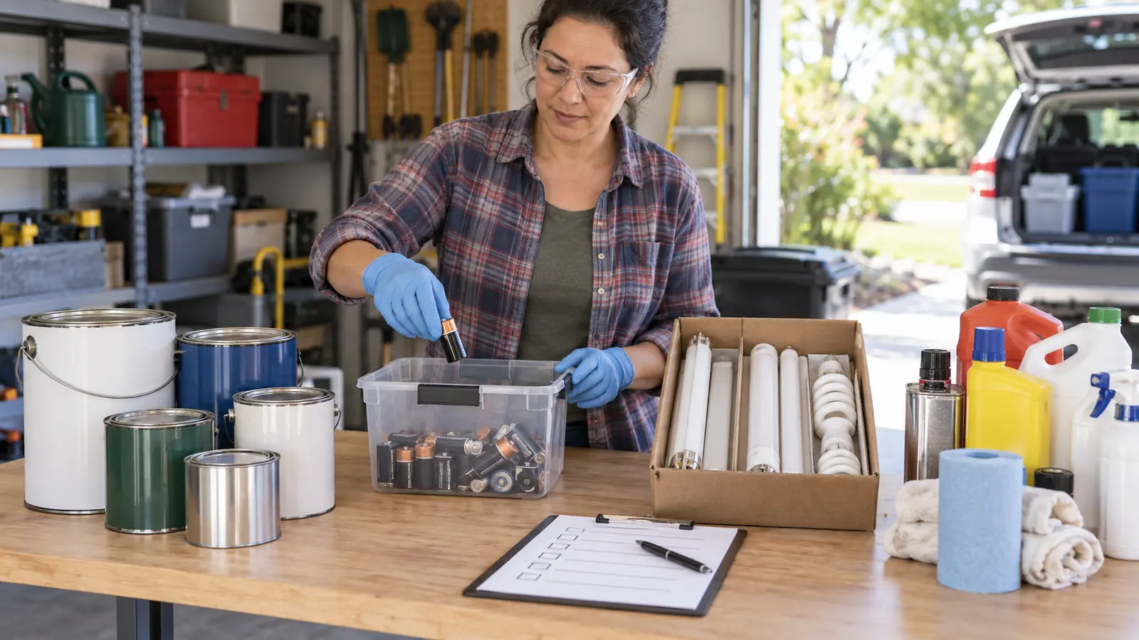 Adult wearing gloves sorting sealed paint cans, batteries, bulbs, and household products for safe disposal