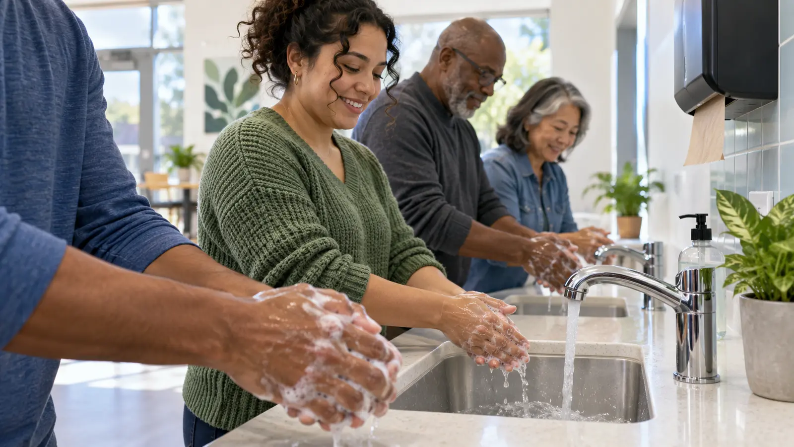 Community members washing their hands thoroughly with soap and running water