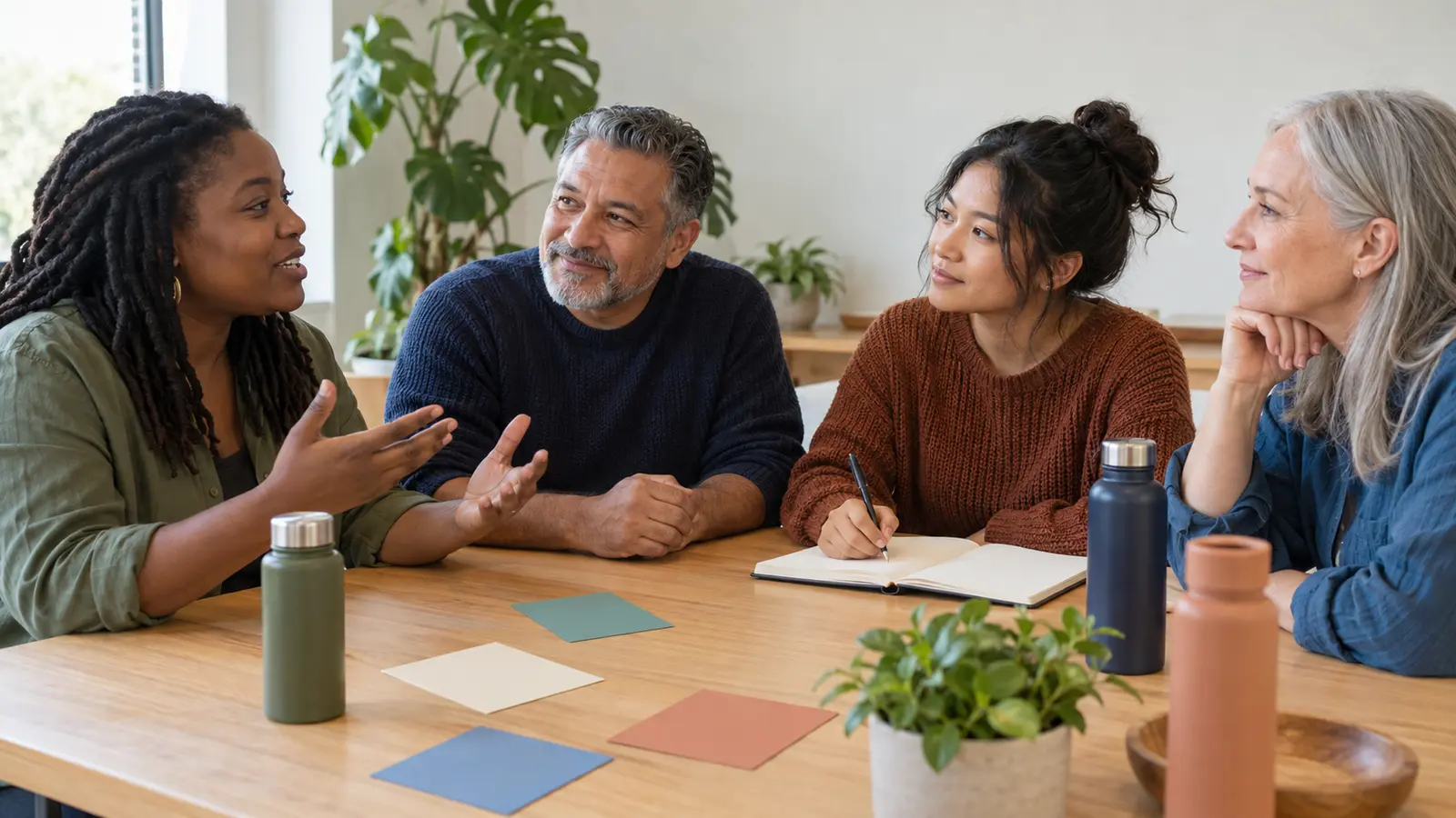 Four community volunteers having a supportive planning conversation around a shared table