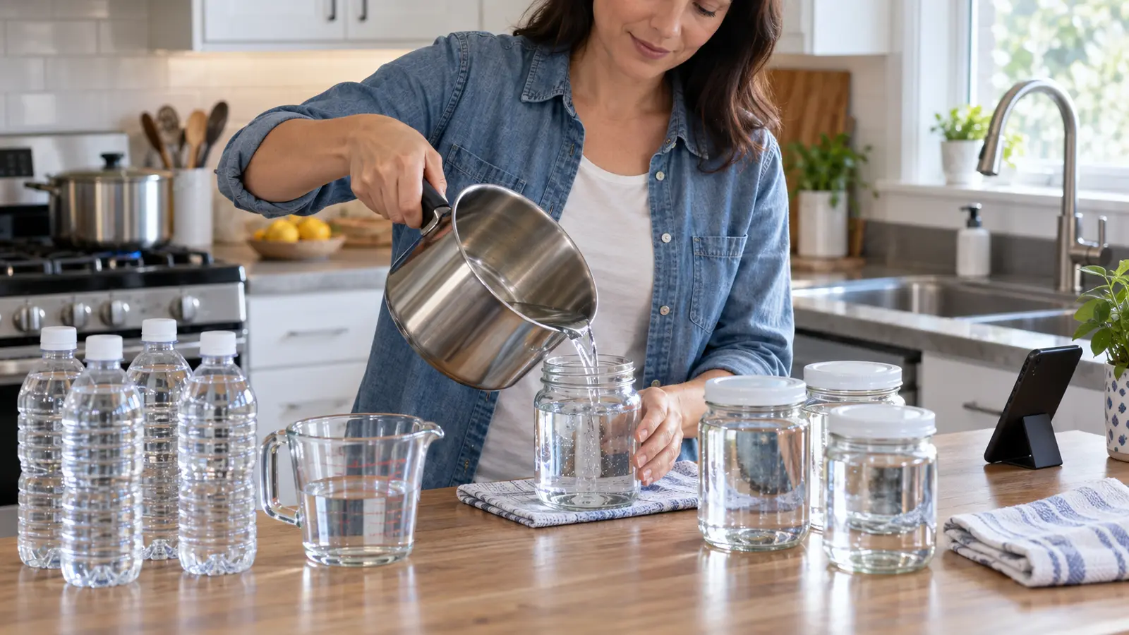 Adult pouring cooled boiled water into clean covered containers during a water advisory