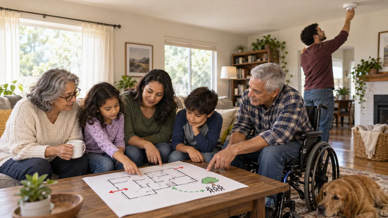 Multigenerational family, including a wheelchair user, reviewing a home fire escape plan while an adult tests a smoke alarm