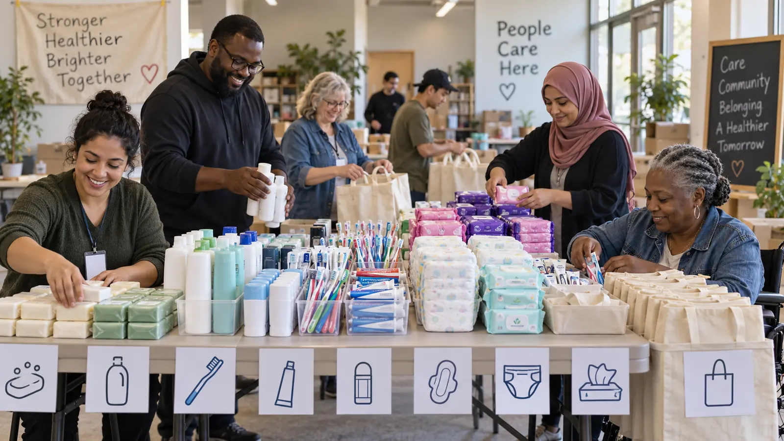 Diverse volunteers sorting new sealed hygiene supplies into donation bags at an accessible community table