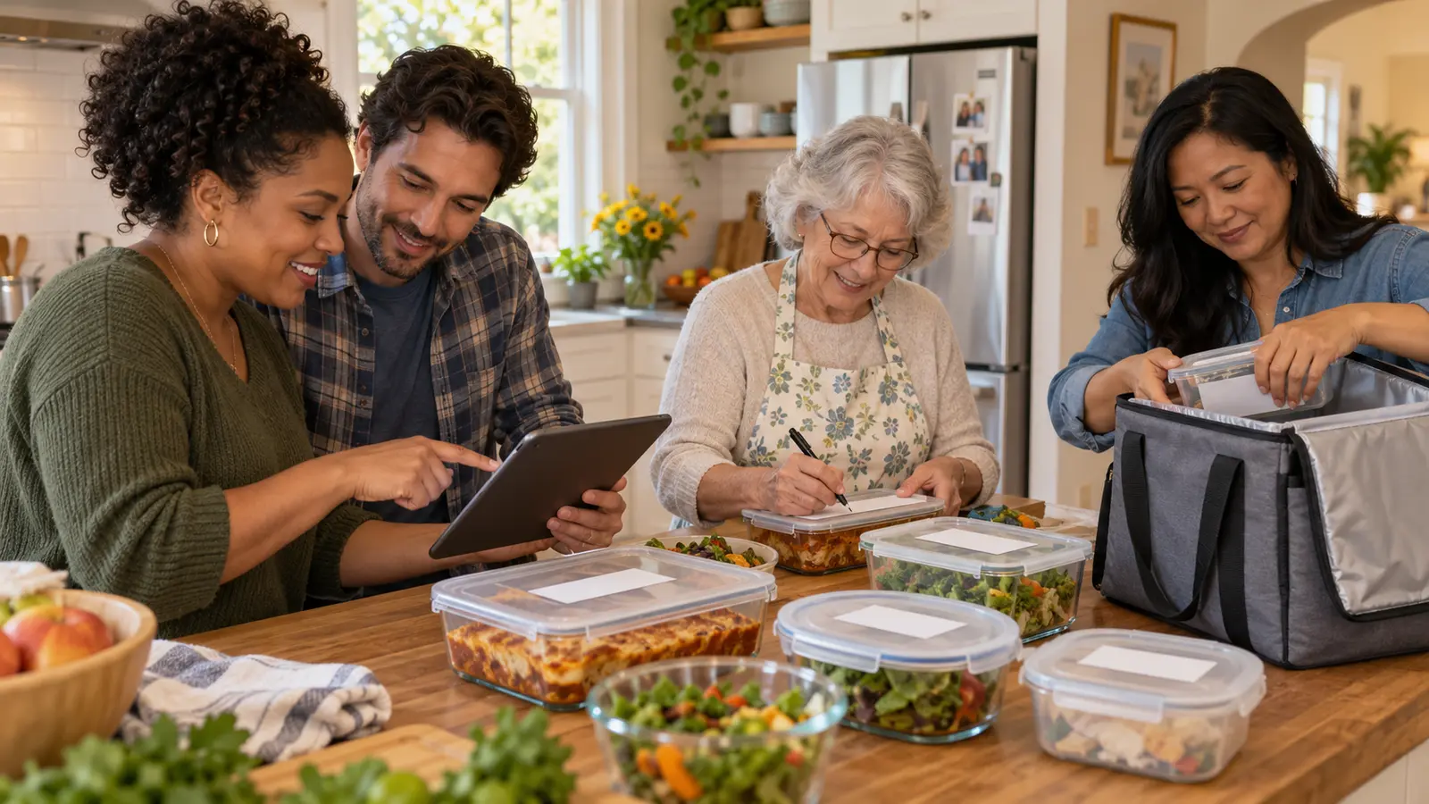 Neighbors coordinating a meal train while labeling covered dishes and packing an insulated delivery bag
